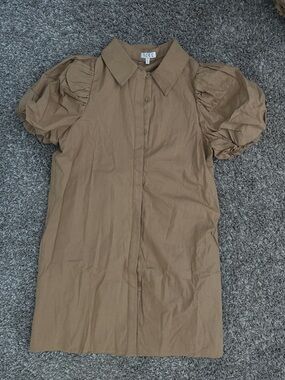 TCEC Puff Sleeve Button-Front Shirt Dress in Camel